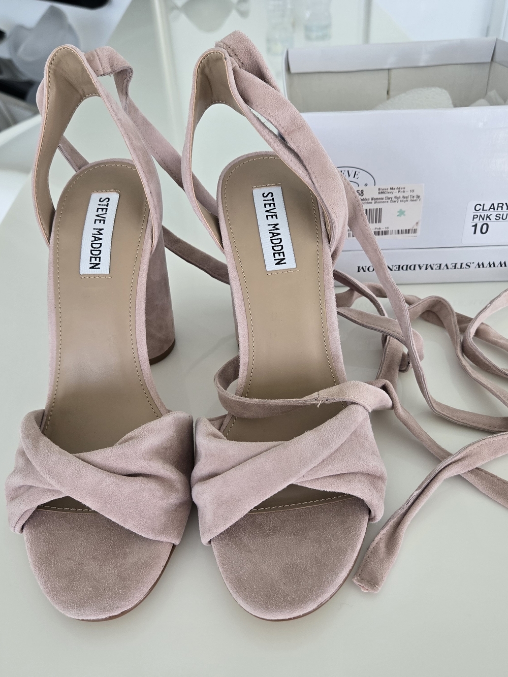 Steve Madden Clary Pink Suede Lace-Up Block Heel Sandals, Size 10